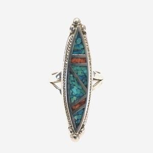 Sterling Silver & Turquoise Ring Size 5 3/4 Long Face  #J036